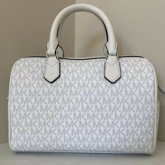 New Michael Kors Bedford Small Duffle Satchel Bright White with Yellow Stripe - Picture 5 of 6